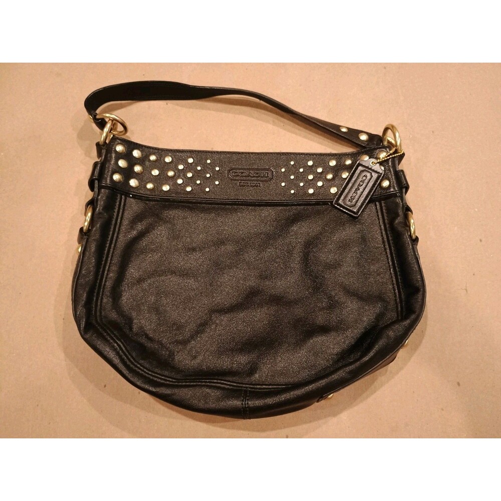 Coach Leather F15237 Studded Shoulder Handbag Purse Black Hobo Black